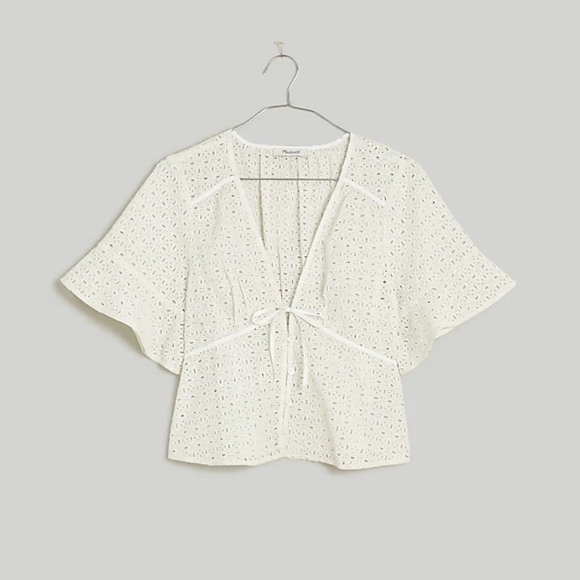 Madewell Tie-Front Top in Eyelet Soft White NWT Size XS Flowy Button Up V-Neck - Picture 6 of 6
